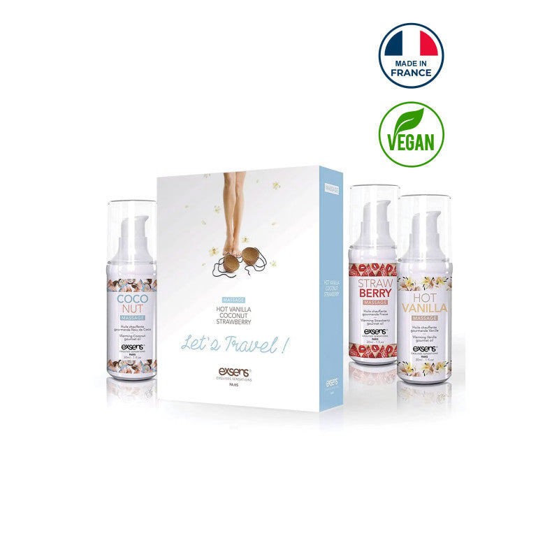 Exsens Let’s Travel Massage – Coffret de 3 huiles chauffantes vanille, fraise, coco – photo 1