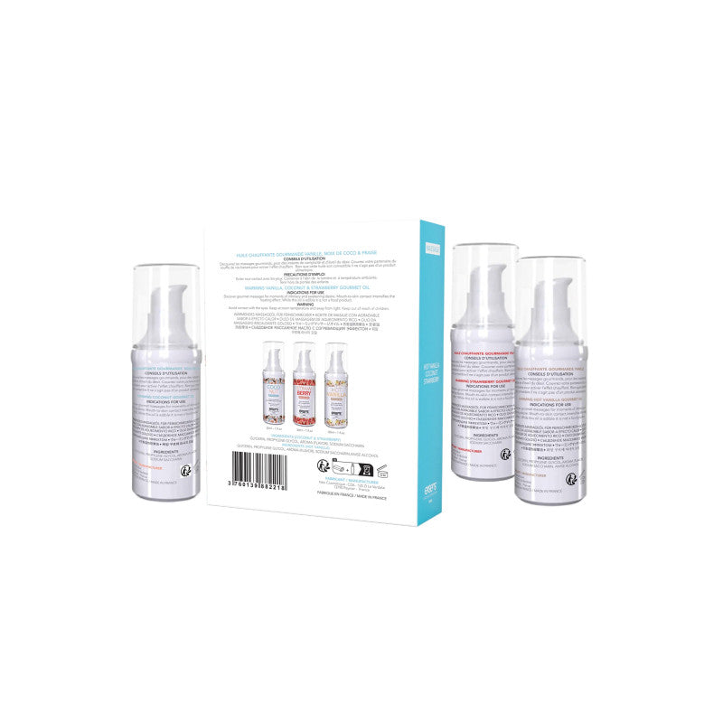 Exsens Let’s Travel Massage – Coffret de 3 huiles chauffantes vanille, fraise, coco – photo 3